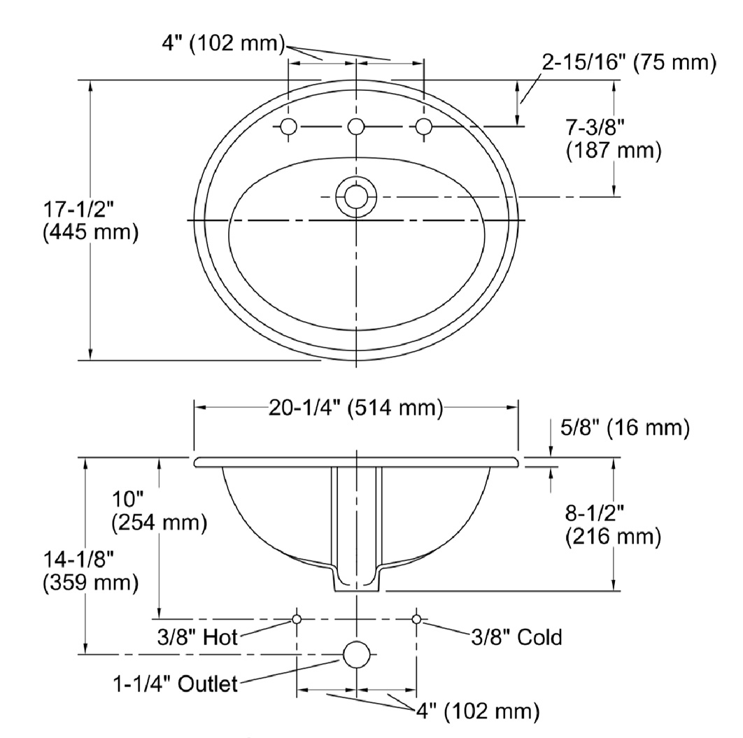美國 KOHLER Pennington K-2196-8 8″中3孔圓形檯面面盆 515x445mm 白色